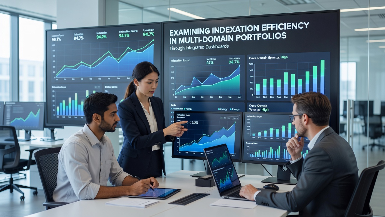 Data visualization panel tracking indexation efficiency trends over time for a multi-domain portfolio