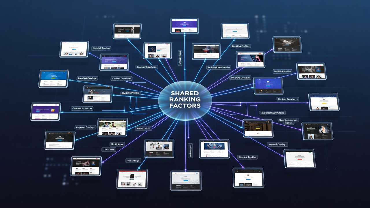Graph visualization of website clusters highlighting common ranking factors